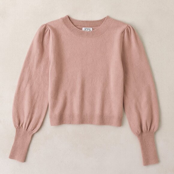 525 America Powder Pink 100% Cashmere Balloon Sleeve Crew Neck Cropped Sweater M - Picture 1 of 11